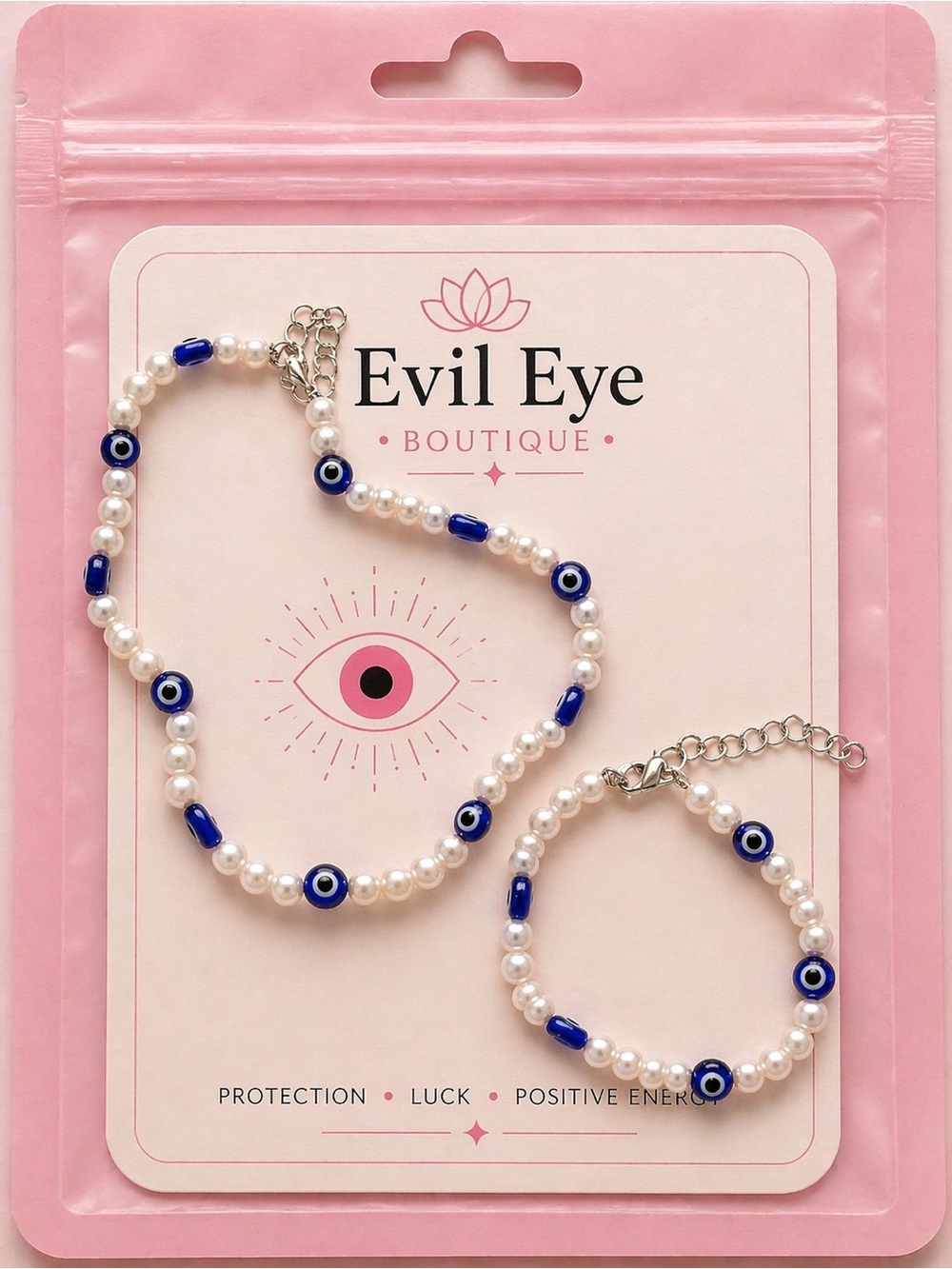 Evil Eye Boutique Pearl & Blue Bead Necklace Set